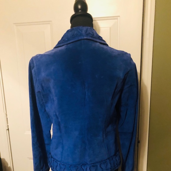 Beautiful Bamboo Embroidered Blue Suede Jacket - Picture 4 of 9